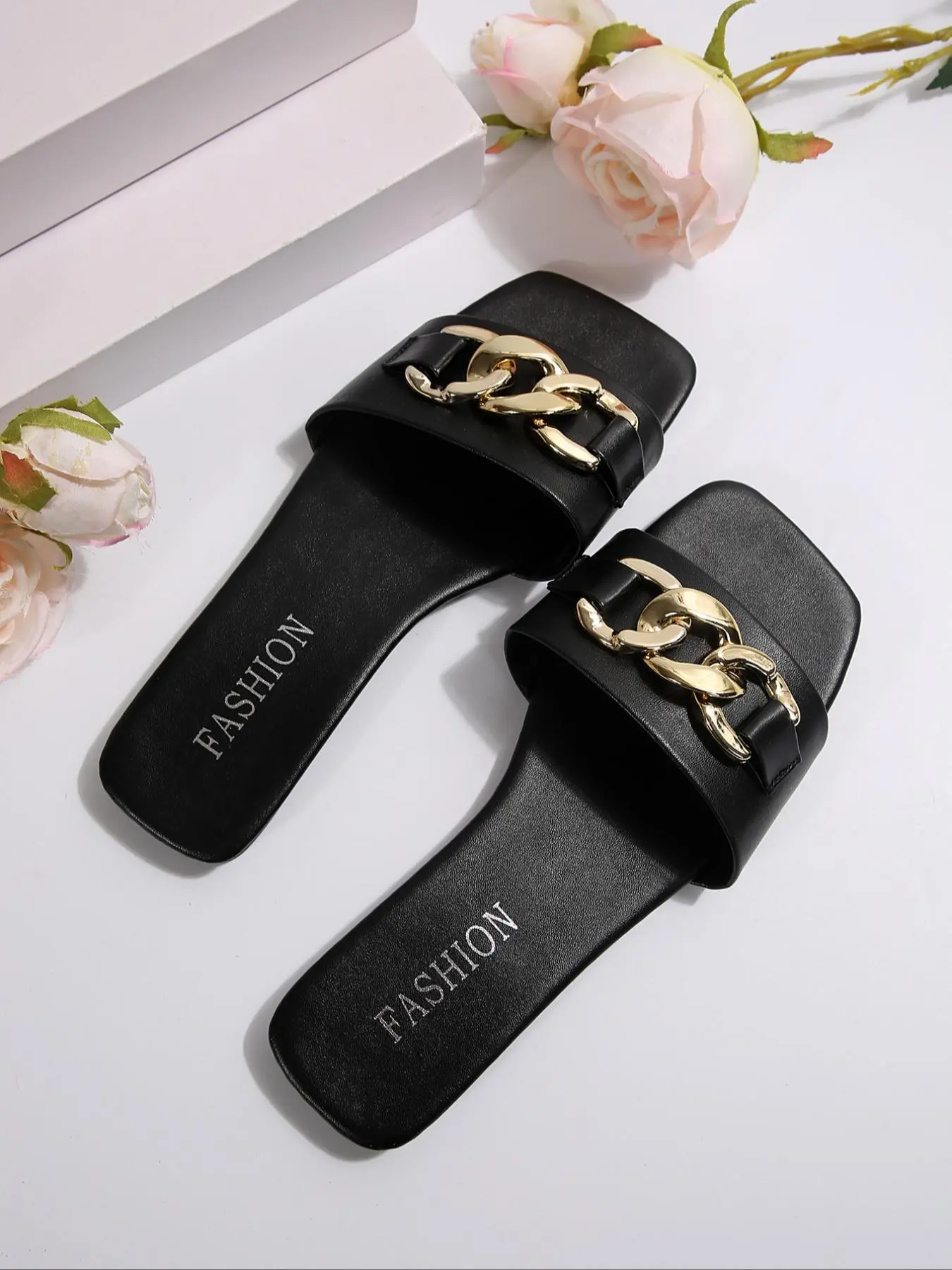 Women's Fashionable PU Leather Slide Sandals, Casual Square Toe Sandals for Summer, Lightweight Comfortable Flat Sandals for Daily Wear for Women & Girls