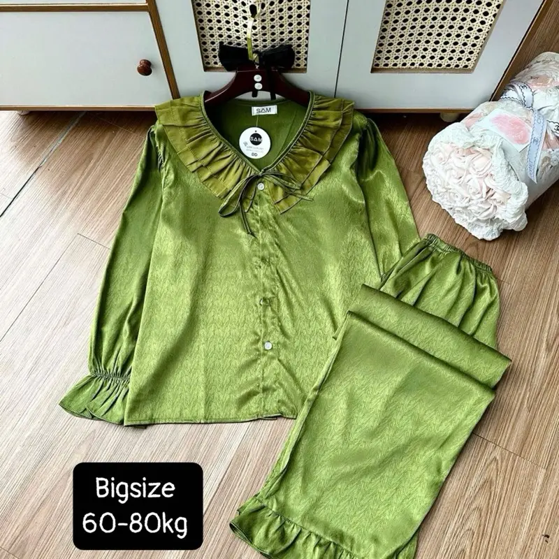 (Bigsize 60-80kg) Bộ tiểu thư cổ bèo màu trơn phối voan chất lụa xước tay dài quần dài Nữ Nhung Nho Áo  Quần Ngủ Pijama  Voi Áo Ngủ