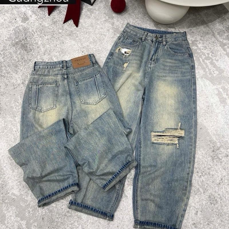 Quần Jeans Nữ Dáng Baggy Rách Gối Màu Rêu Hàng QCCC , Quần jeans dáng baggy thụng màu rêu bụi # 9380 ( LƯU Ý: Hàng TAG mac OHL khuyết được rạch trước và tag mac sẽ buộc dây )