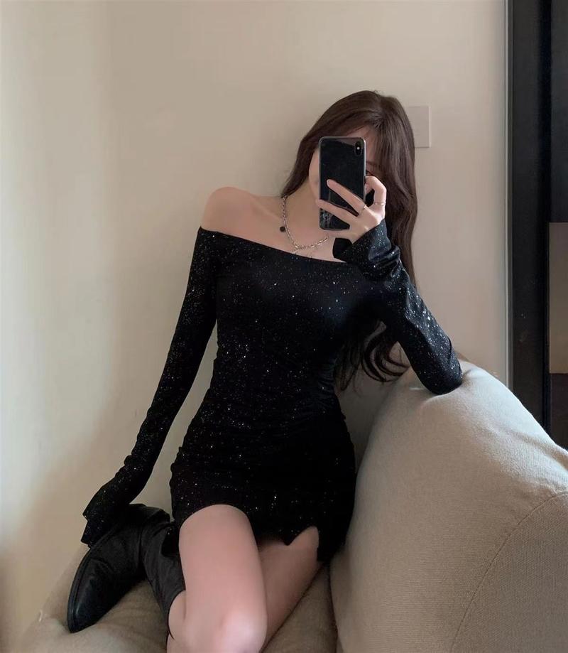 Product Introduction of Váy Trễ Vai, Ôm Sát Nữ, Dài Tay, Đính Kim Cương, Váy Bodycon Bất Đối Xứng, Đầu Thu, Hàng Mới Về, Váy Đen, Năm 2025 7