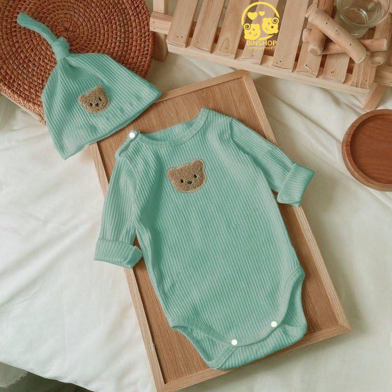 Product Introduction of [Kèm mũ] Bodysuit dài tay cho bé Đính Gấu, body dài tay cho bé gái bé trai chất Tăm gân mẫu quần áo sơ sinh 0-12M Jumpsuit Kem 2