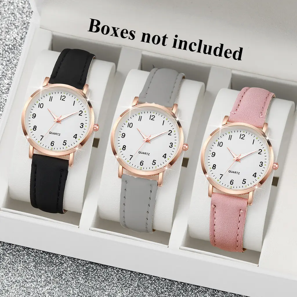 *-*3PCS Elegant Ladies PU Leather Quartz Watch Women Round Dial Watch for Girls NO BOX Jam Tangan Wanita11/30