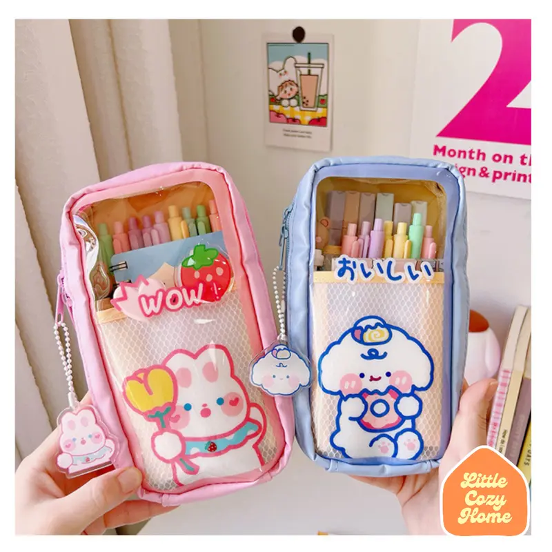 Cutie Jumbo Transparent Pencil Case / Korean Style Kotak Tempat Pensil Besar Dengan Resleting / Muat Banyak / Big Capacity With Zipper Blue Brown 1