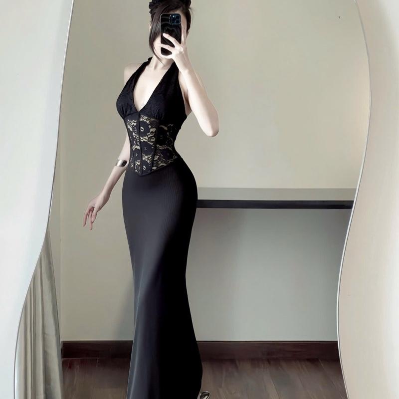 DARLING [L.Studio] Đầm dài cổ yếm phối Ren cao cấp SẴN MUSH ngực, thân váy thun đuôi cá tôn dáng 5