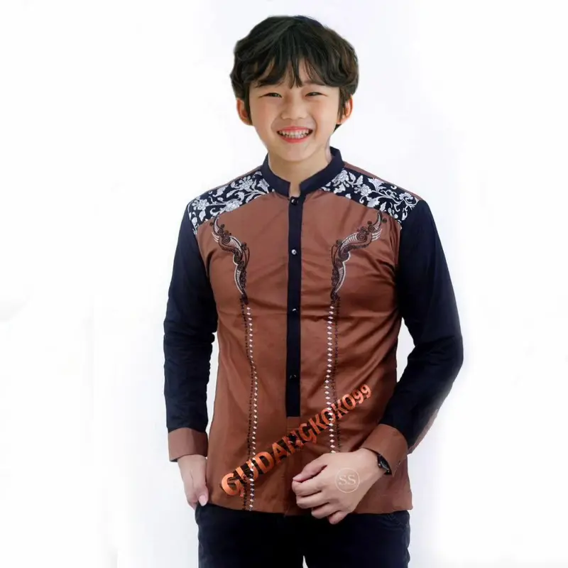 baju koko anak remaja terbaru koko keong anak Batik Kombinasi Muslim baju koko Katun Panjang Hitam Kurta 4