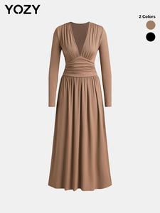 YOZY Women's Plain Ruched Deep V Neck A Line Dress, Casual Long Sleeve Ribbed Dress for Fall, Women's Clothing for Daily Wear