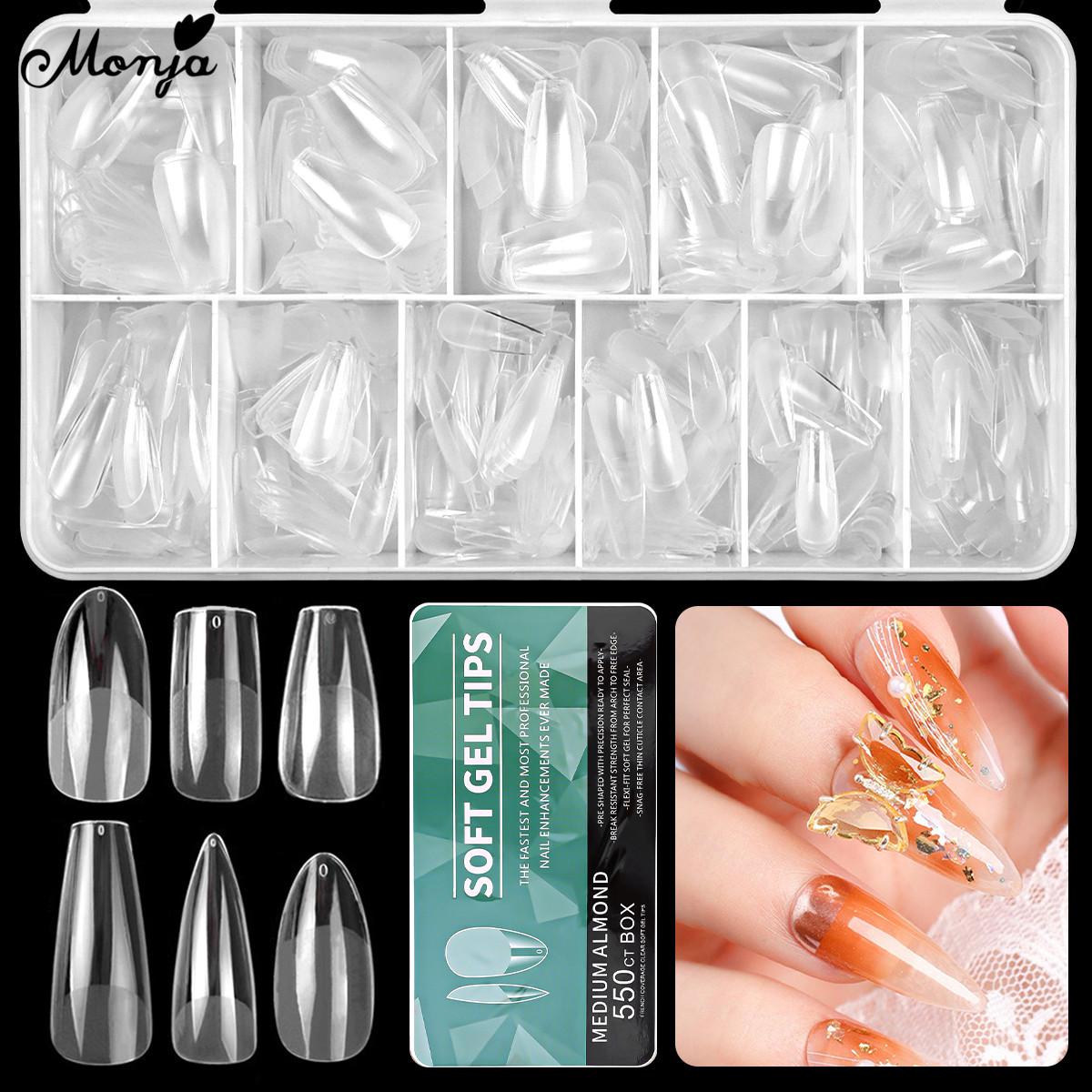 Monja 550Pcs Kuku Palsu Matte Extension Tips Frosted Coffin Almond Oval Square Soft Gel Tips Acrylic Manikur Buatan dengan 6 Bentuk Kuku