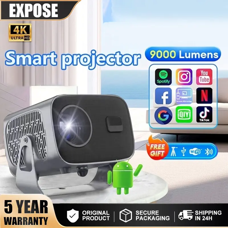 Projector, Android 13.0 Operating System, UHD 5G Wi-Fi Bluetooth, LED screen, mini projector, portable, compatible with smartphone Audio Cable