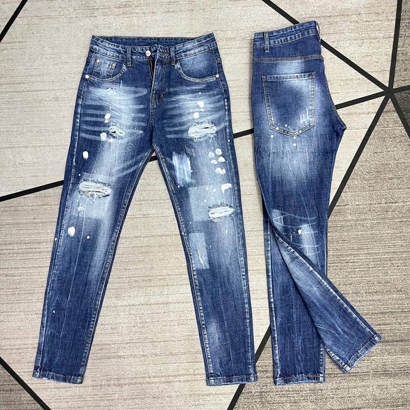 Quần Jean đê quyy xanh rách vẩy sơn to mác hồng 4 cúc bản super có bigsize từ 40kg đến 115kg Nam Menswear Pants có túi