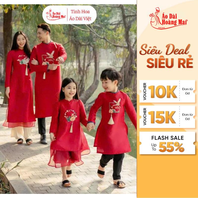 Áo dài gia đình 4 người cao cấp thêu tay thủ công cao cấp vải tuyết mưa nam và lụa vân gỗ 4 tà nữ - Áo Dài Hoàng Mai Women Voi Jacket Quần Ngủ Sơ Mi