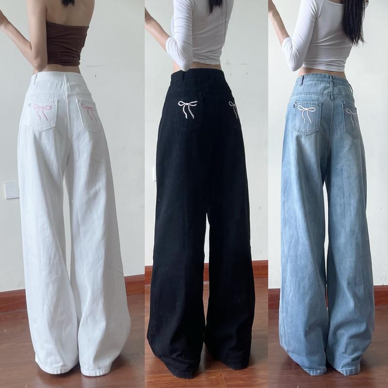 Quần Dài jean Thêu Nơ nữ CENLILI,Thiết Kế ống suông vải jean mềm mịn - QD612 Women Pants Kem