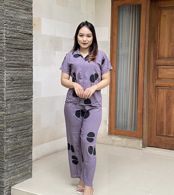 Piyama Bali Satu Set Dengan Celana panjang Motif Sibori Bahan Rayon Grade A Kualitas Super Harga Grosir Polka Dot Musim panas Katun Poliester Baju Tidur Wanita Nyaman Santai 3