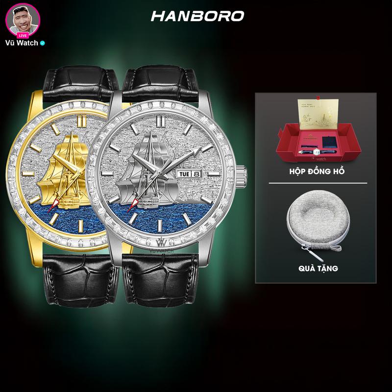 Đồng Hồ Cơ HANBORO Thuận Buồm Xuôi Gió Đính Đá 8038 [4244] | Tặng 1 lần thay kính, 1 bộ dây da, 1 bật lửa điện & bóp đựng đồng hồ