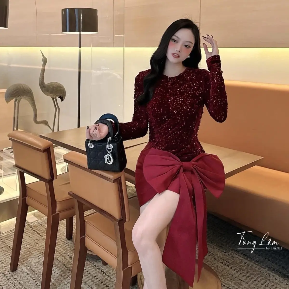Váy thiết kế dự tiệc nữ - Váy kim sa tay dài bản nơ to cạnh sườn 2 màu (CL538) Women Dress Nhung