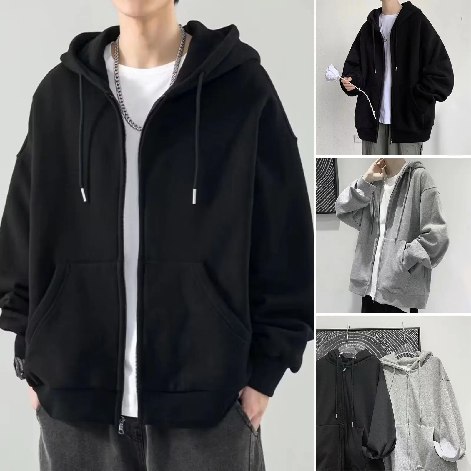 Qikbjgs Men Fall Winter Hoodie Drawstring Loose Zip-up Long Sleeves Pockets Hooded Plus Size Cardigan Thin Pure Color Daily Wear Casual Coat