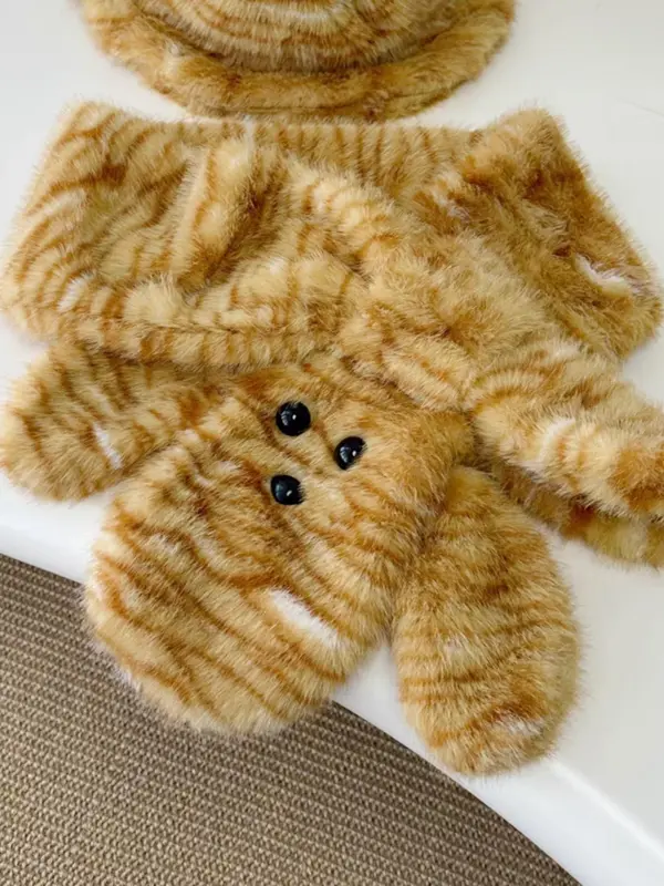 Cute Bear Ear Design Hat & Scarf & Bucket Bag Set, Casual Plush Tiger Pattern Hat & Scarf & Bag Set for Women & Men, Fashion Accessories for Daily Wear 6
