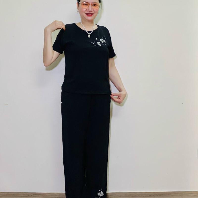 Đồ Bộ Trung Niên, Bộ Tay Cộc Áo thêu Hoa Mai Quần Dài thêu hoa Nữ Women 6
