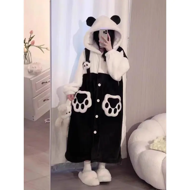 Áo Ngủ Nhồi Bông Hình Gấu mèo Dễ Thương, Một Mảnh, Bộ Sưu Tập Thu Đông, Bộ Đồ Ngủ San Hô, Áo Jumpsuit Quần Có Mũ Trùm Đầu, Bộ Đồ Mặc Nhà, 2024 2