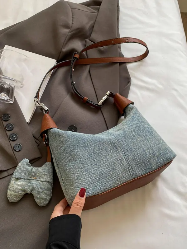 Women's Elegant Colorblock Denim Effect Design Crossbody Bag, Fashionable Zipper Shoulder Bag for Daily Used, Casual Trendy Versatile High-quality Daily Commuting Bag 3