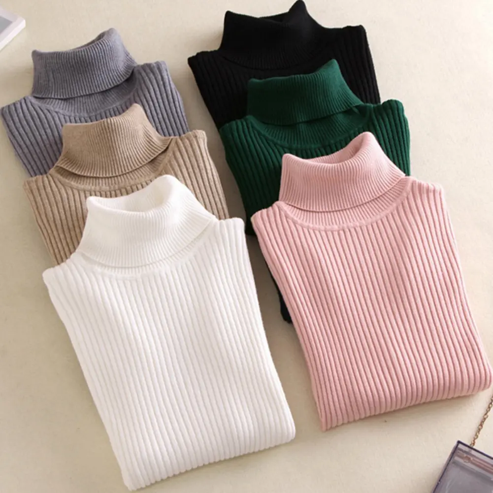[DR] Women Turtleneck Solid Color Slim Fit Long Sleeve Sweater Knitted Pullover Top