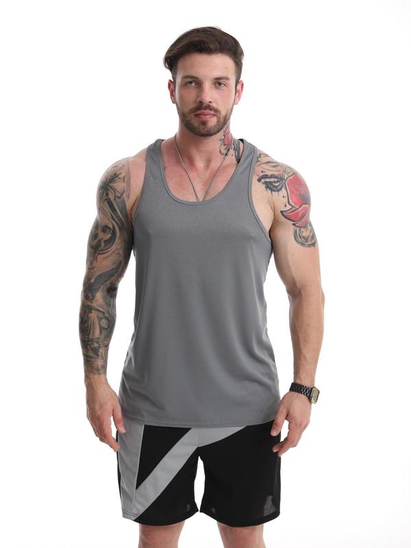 Men's Regular Fit Solid Scoop Neck Sports Tank Top, Quick Drying Comfortable Sports Top for Gym Workout Running, Casual Men's Sportswear for Summer, Activewear 1