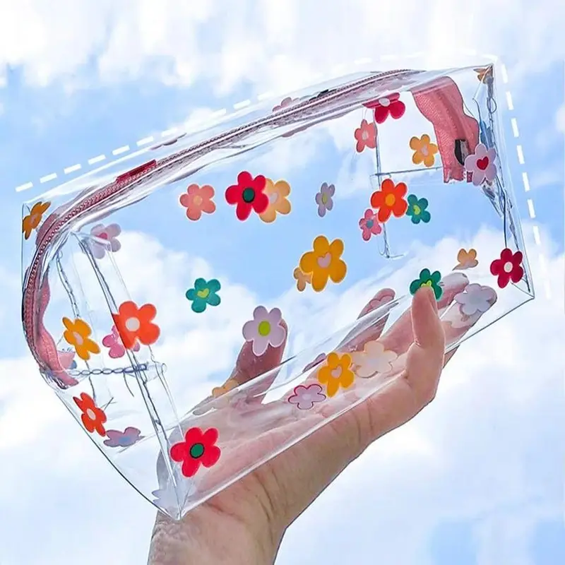 Flower Pattern Clear Makeup Bag, Portable Cosmetic Storage Bag, Zipper Makeup Organizer Pouch, Versatile Storage Bag for Skincare, Lotion, Cream, Lip Balm, Eyeliners, Stationery, Makeup Holder 0