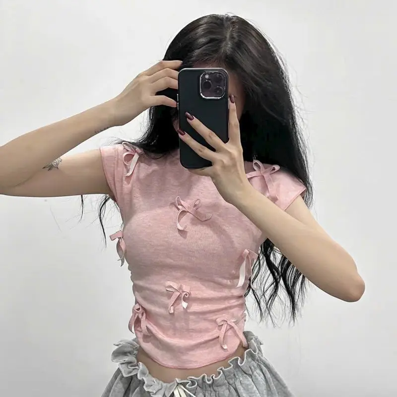 Áo thun nữ cổ cao tay hến đính nơ, bo chun hai bên eo - Women, Top 7