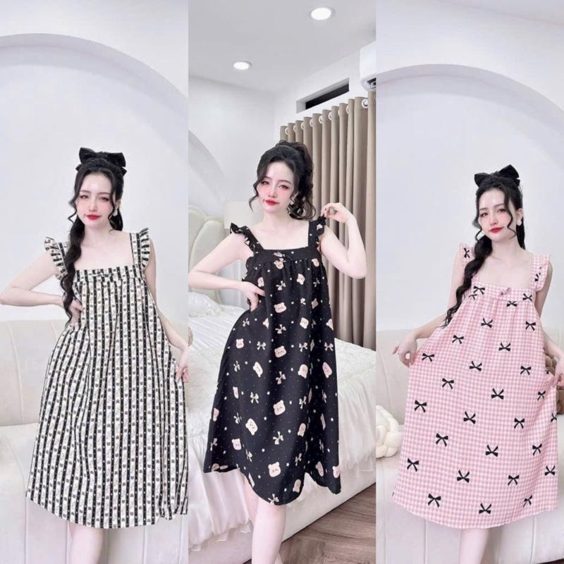 (40-65kg)Đầm cánh tiên chất vải đũi xốp có nơ nhỏ trước áo dài qua gối phối nhiều hình hoạ tiết- Nữ - Women