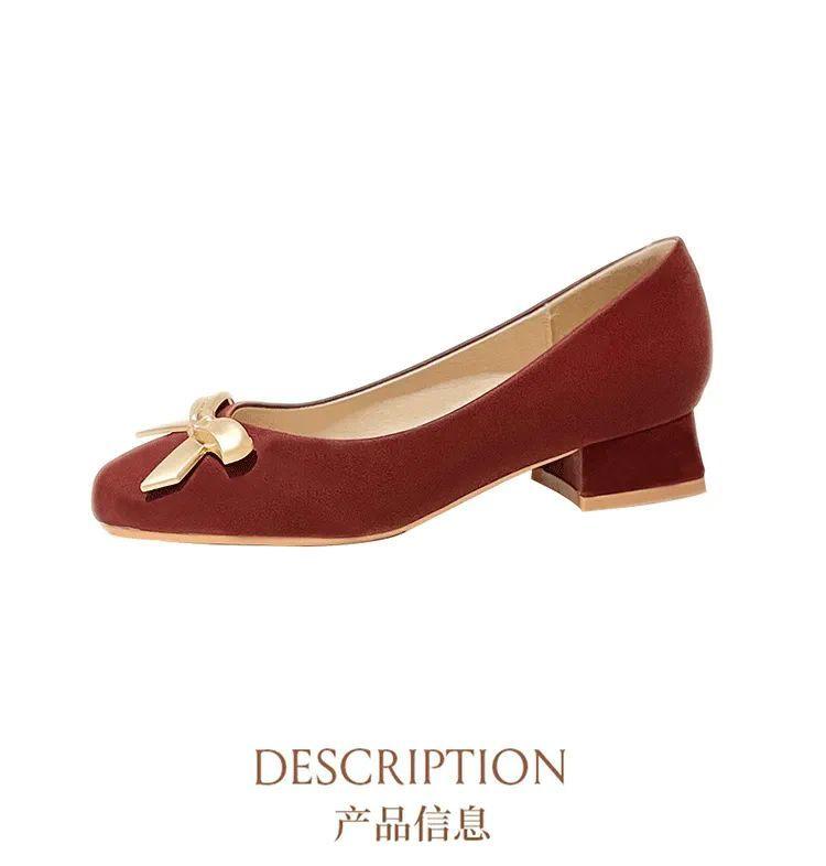 Product Introduction of Square Toe Chunky Heel Single Shoes for Women 2024 New Spring and Autumn Versatile Low Heel Comfortable Burgundy Xiuhe Shoes Bride Wedding Shoes Shoes 21