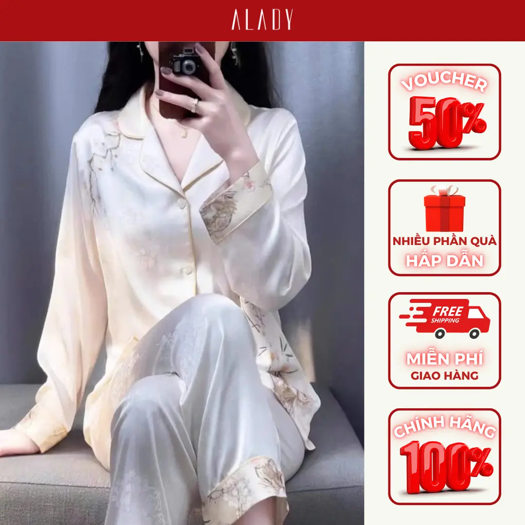Đồ nữ Pijama ALADY lụa Latin cao cấp, sang trọng họa tiết đơn giản dài tay - TD077