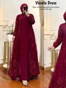 Viorella dress wanita terbaru bahan crinkle babydoll full puring mix brukat gamis kondangan mewah simple elegant gamis brukat terbaru M L XL XXL XXXL XXXXL Fit Muslim Pesta Renda
