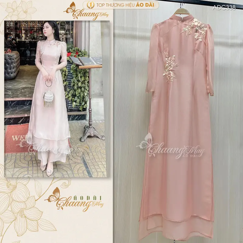 Áo Dài Cách Tân Nữ Thiết Kế Tay Bồng Lụa Tơ Hồng Da Nude Be 4 Tà Ren Hoa Cao Cấp Dự Tiệc Lễ Tết Đẹp Kem Women Dress Nhung ADC338 0