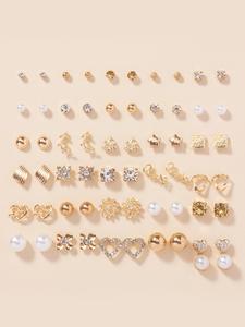 Conjunto de Aretes en Forma de Corazón Decorados con Perla Falsa y Pedrería, Aretes de Poste Casuales para Mujer, Conjunto de Aretes Regalo para Vacaciones