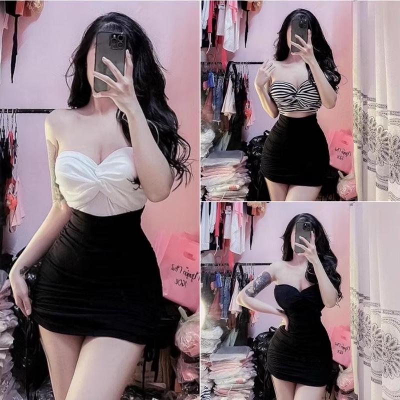 Sét bộ nữ áo ống xoắn nơ kèm chân váy rút dây có quần bảo hộ cá tính đi chơi đu biển mã hp77