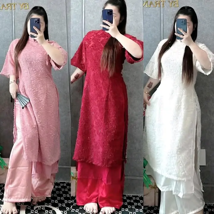 Áo Dài Lông Vũ Hoa Nổi - Dài Cổ Tay, Phối Quần Lụa ( có chun) 0
