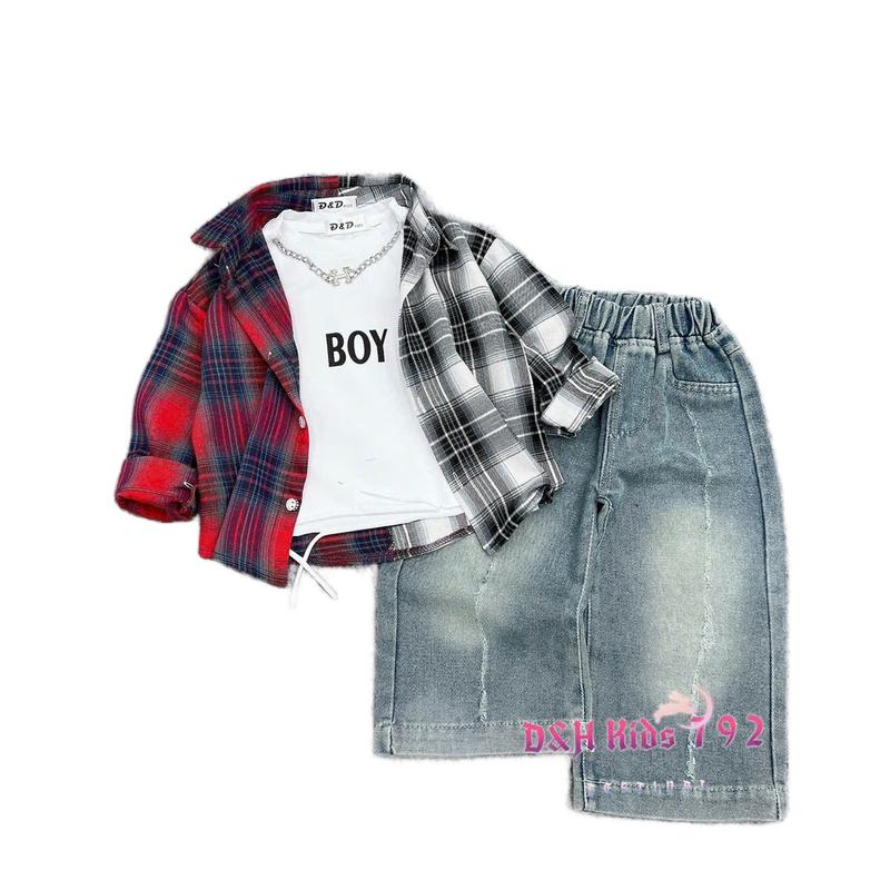 Set bộ sơ mi kẻ phối 2 màu gồm và 3  chi tiết áo ba lỗ cotton sơ mi kẻ và quần jen không co giãn cho bé trai 10-30kg . Hàng tự sản xuất không thương hiệu, không gây nguy hại , không phải hàng cấm bán