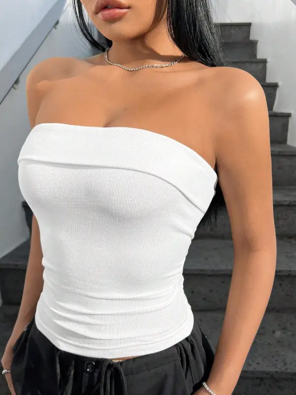 Women's Solid Backless Tube Top, Casual Strapless Ribbed Top, Ladies Summer Clothes for Daily Wear 6