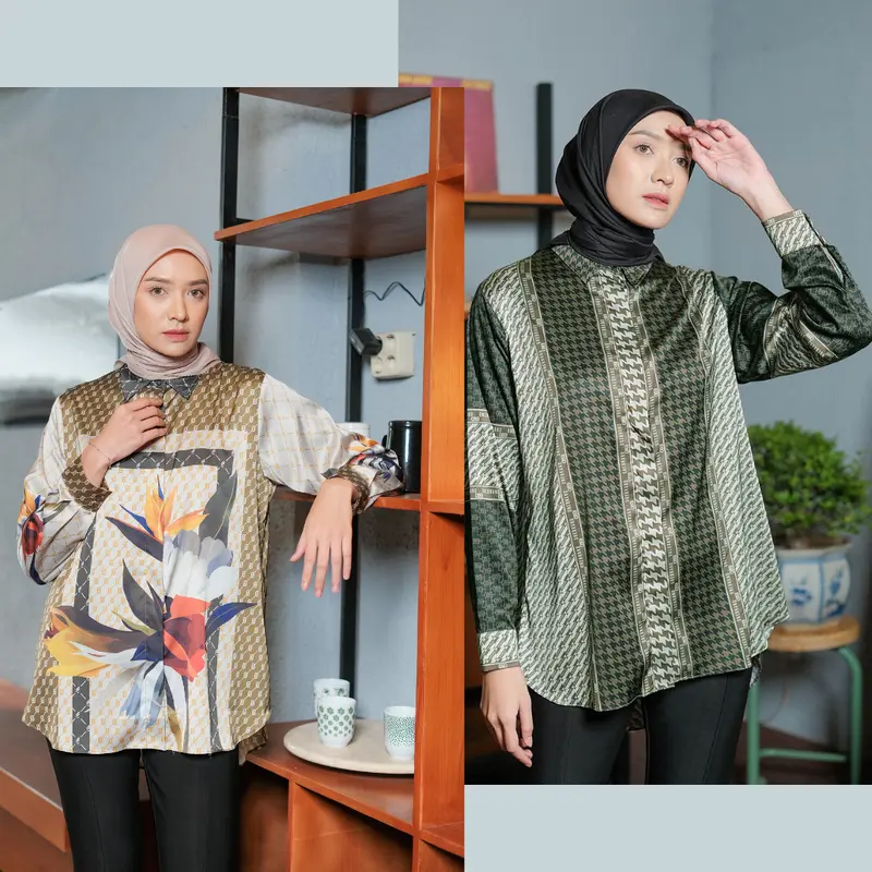 ONEBRANDHIJAB - Baju atasan kemeja wanita muslim keren tangan panjang dewasa bahan silk 0