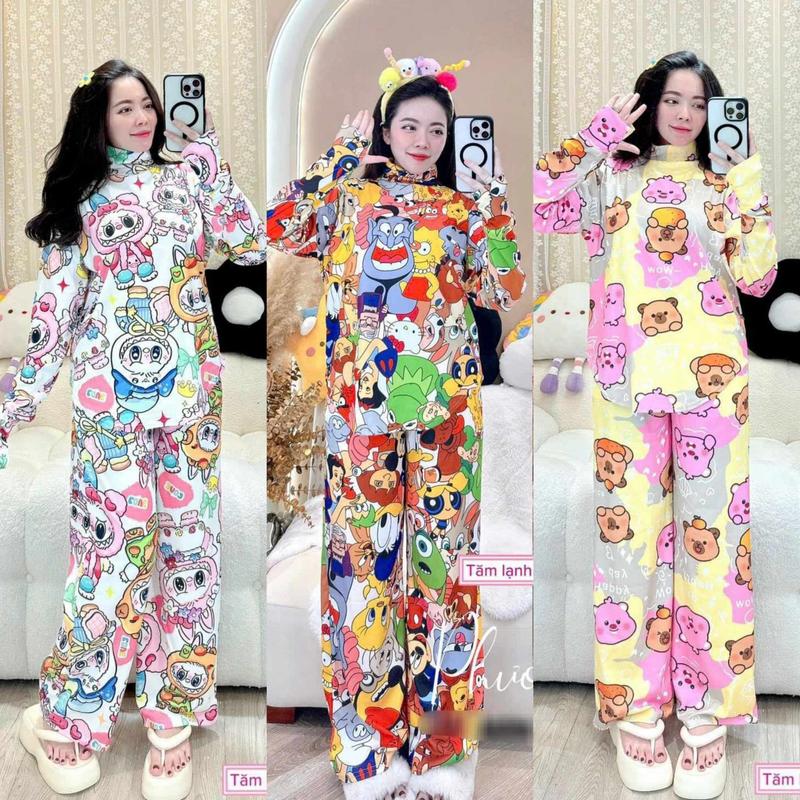 Set đồ bộ ủ kem cổ lọ labubu vải thun gân tăm lạnh áo dài tay xỏ ngón lai bầu quần có túi, set đồ nữ Women