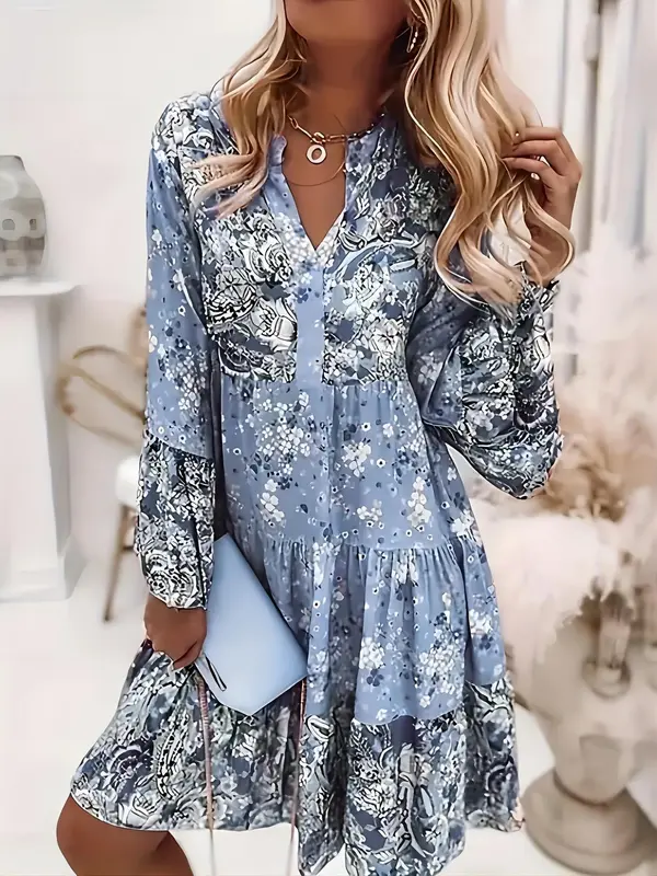 Women's Ditsy Floral Print Patchwork Tiered Layer Smock Dress, Boho Flounce Sleeve   Short Dress for Daily Wear, Ladies Dress for Spring & Fall 0