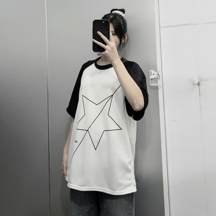 Áo Thun Tay Lỡ Raglan Phối Màu Đen Trắng Họa Tiết Ngôi Sao Chất Poly Form Rộng Nam Hottrend 2025 - Menswear (Sao Phối Tay ) 3