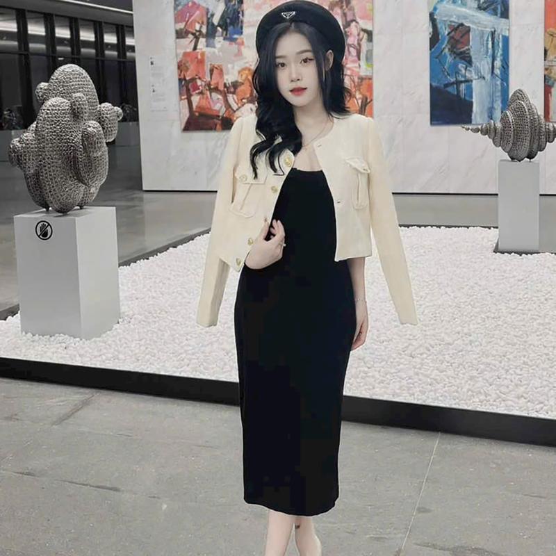 Set áo khoác dạ linen kèm đầm 2 dây Cotton Tay dài Kem Nữ Women Top