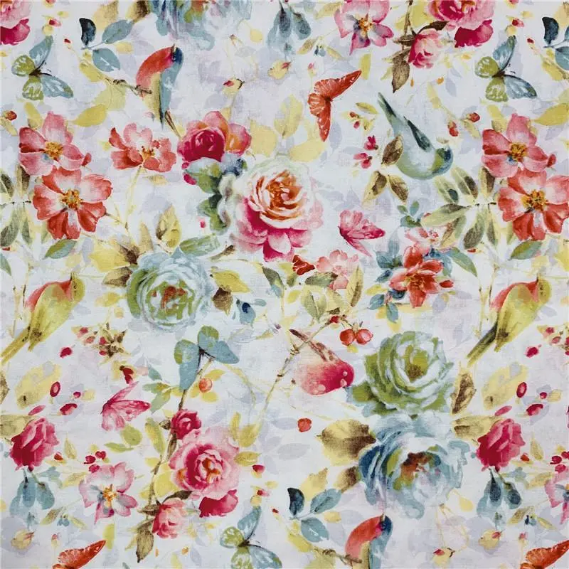 Vintage flowers Bird butterfly Plain cotton fabric Sewing Quilting Needlework Material DIY  Handmade Woman shirt skirt turban