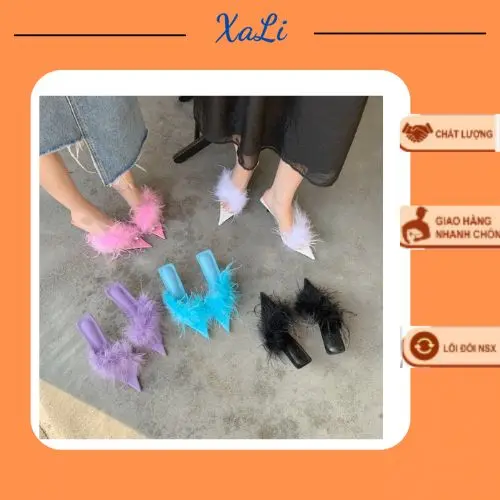 Guốc Nữ Mũi Nhọn XALI Lông Vũ Gót Nhọn Cao 7cm - GLV Shoes DéP GiàY giày  cao gót