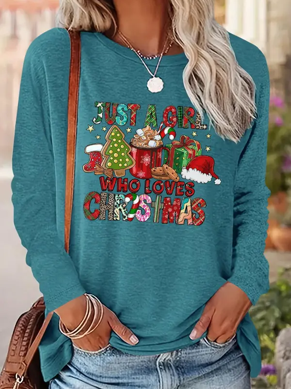 Women's Christmas Themed T-shirt, Casual Letter Print Long Sleeve Round Neck Tee for Daily Wear, Ladies Fall & Winter Clothes 1