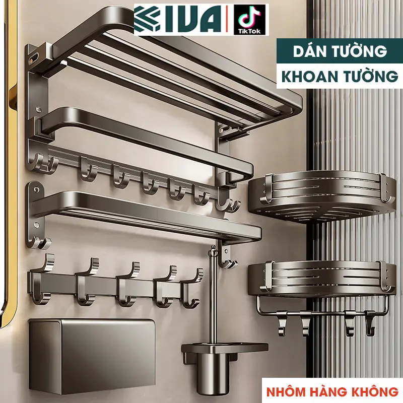 Kệ nhà tắm màu xám KIVA, chất liệu nhôm hàng không, lắp đặt dán tường, khoan tường, bảo hành 10 năm. 0