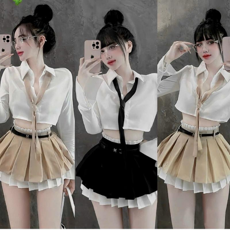 Set áo sơ mi croptop tay dài kèm dây cavat phối váy xếp ly 2 tầng trắng trong
