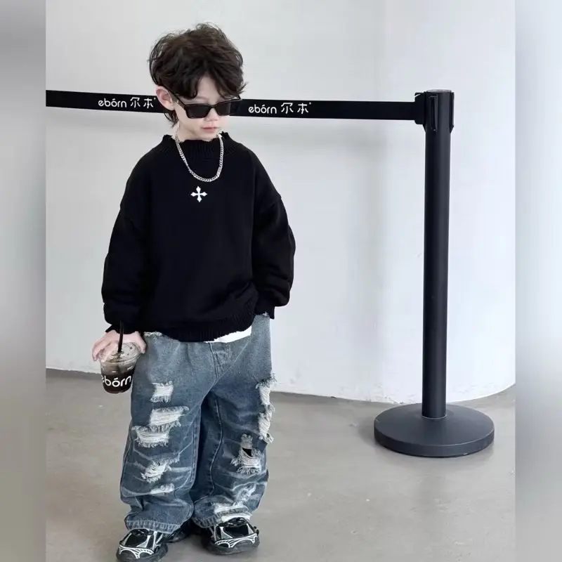 ￼Quần jean bé trai rách cá tính FANSHUDD , quần dài trẻ em thu đông cao cấp nỉ jeankids bò