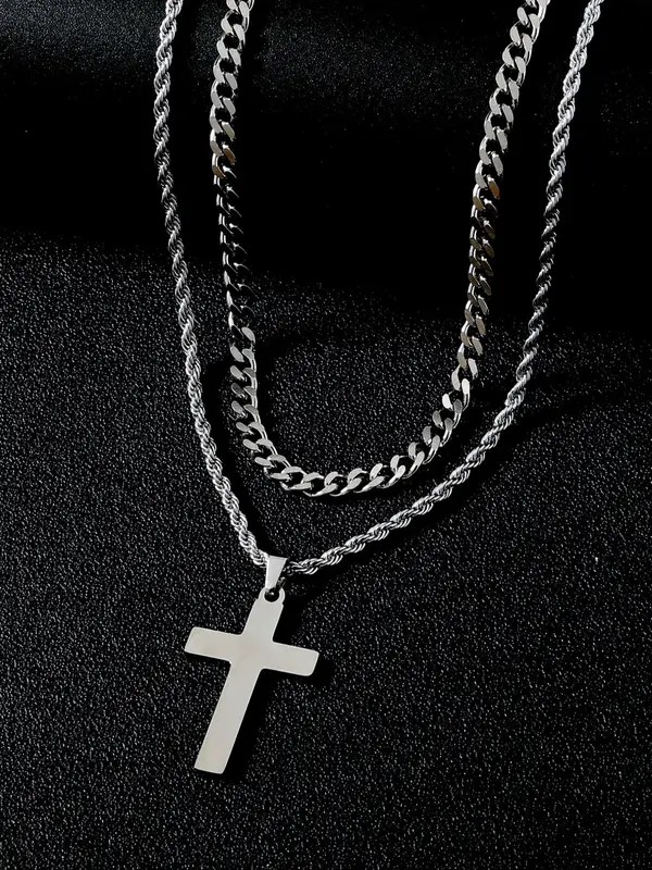 Men's Simple Cross Pendant Necklace, 2counts Stainless Steel Neck Jewelry for Party, Daily Clothing Decor, Trendy All-match & Exquisite Jewelry for Gift 2