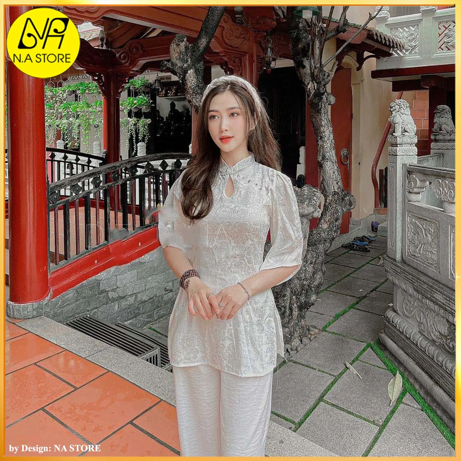 Đồ Làm Đi Chùa Nữ - Kiểu Áo Bà Ba Vải Gấm Lụa Hoa Hồng, Phối Nút Cổ Viền Ngọc Trai, Tay Lỡ, Quần Lụa Satin - NA042 Top